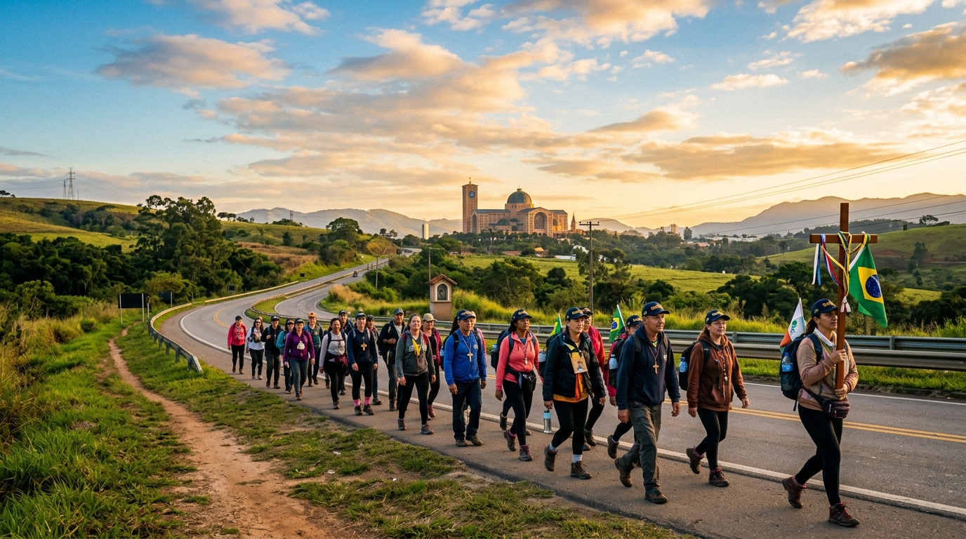 Romeiros caminhando com fé pela rodovia rumo ao Santuário Nacional de Aparecida